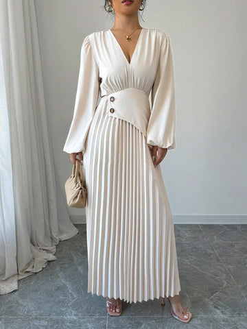 Women's Elegant Solid Color Lantern Sleeve Pleated Hem Dress, Autumn