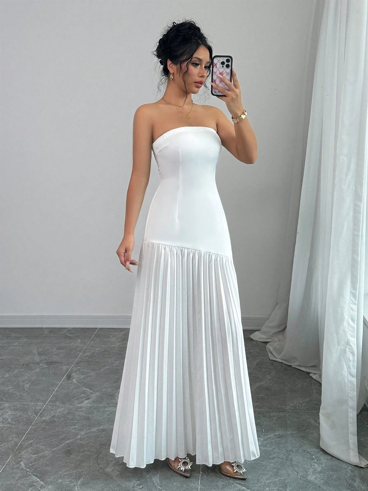 Women's Elegant Solid Color Pleated Ruffle Waist Fitted Dress, Autumn