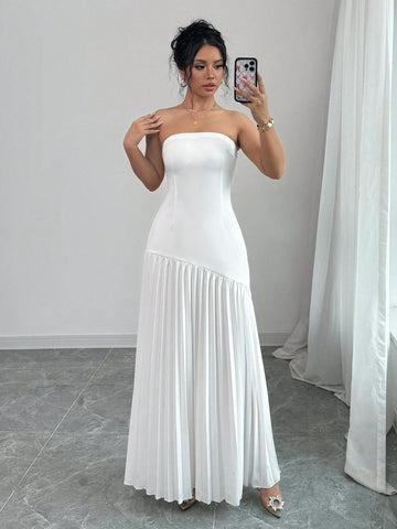 Women's Elegant Solid Color Pleated Ruffle Waist Fitted Dress, Autumn