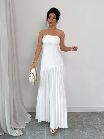 Women's Elegant Solid Color Pleated Ruffle Waist Fitted Dress, Autumn