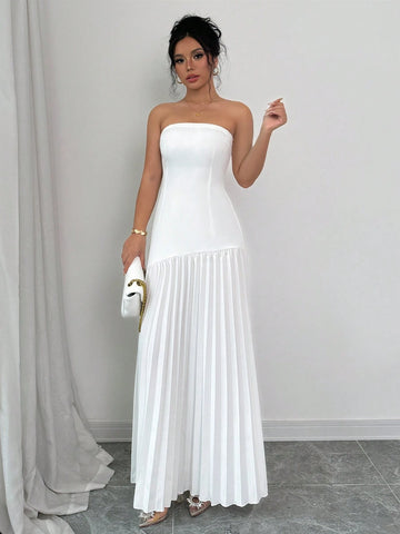 Women's Elegant Solid Color Pleated Ruffle Waist Fitted Dress, Autumn