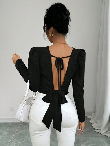 Privé Women's Elegant Solid Color Tie-Up Backless Design Bishop Sleeve Blouse