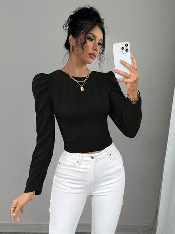 Privé Women's Elegant Solid Color Tie-Up Backless Design Bishop Sleeve Blouse