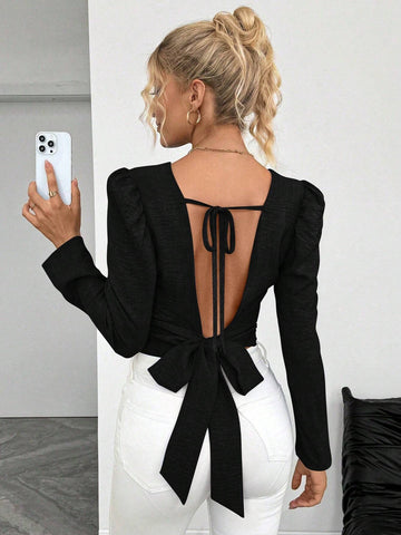 Privé Women's Elegant Solid Color Tie-Up Backless Design Bishop Sleeve Blouse