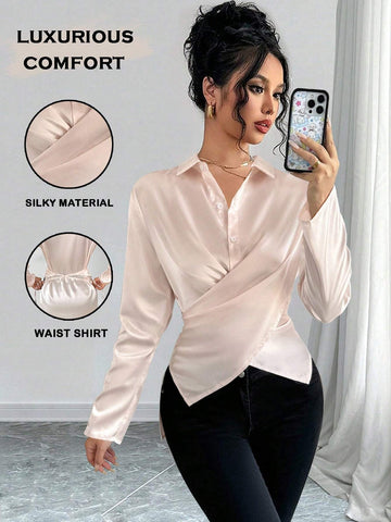 Privé Women's Elegant Solid Satin Wrap Tie Design Casual Long Sleeve Shirt