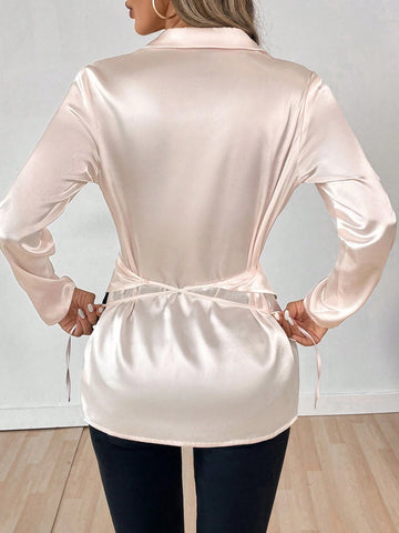 Privé Women's Elegant Solid Satin Wrap Tie Design Casual Long Sleeve Shirt