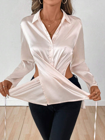 Privé Women's Elegant Solid Satin Wrap Tie Design Casual Long Sleeve Shirt