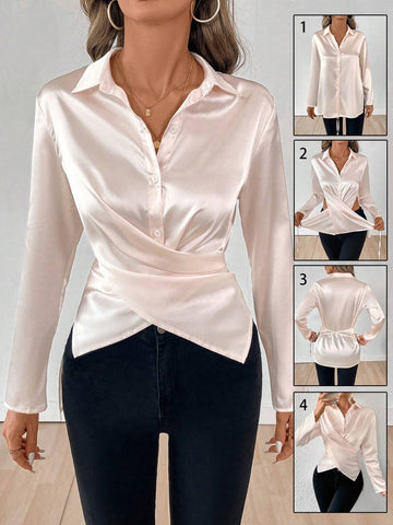 Privé Women's Elegant Solid Satin Wrap Tie Design Casual Long Sleeve Shirt