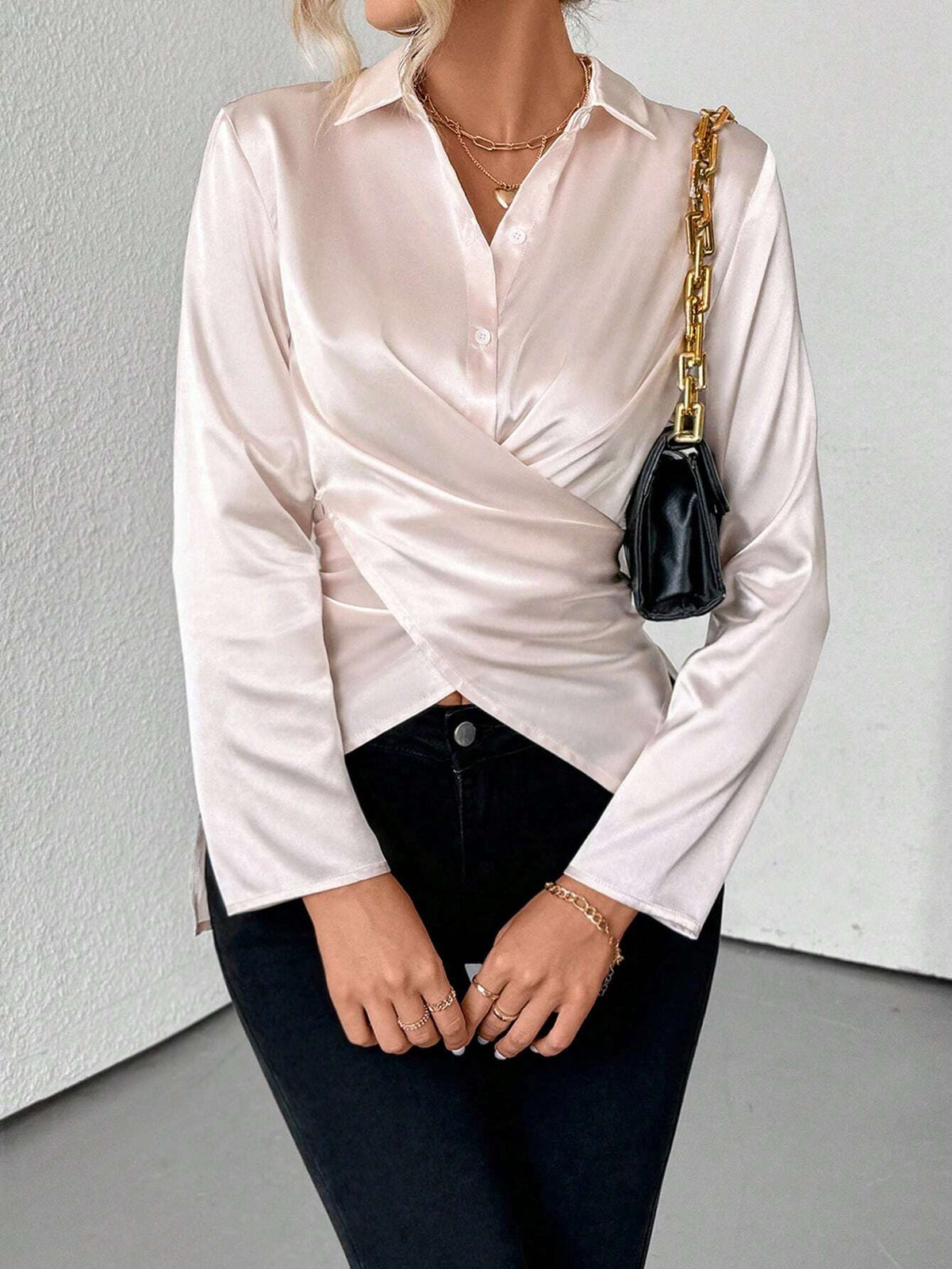 Privé Women's Elegant Solid Satin Wrap Tie Design Casual Long Sleeve Shirt