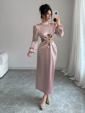 Women's Elegant Stand Collar Backless Bow Floral Hollow-Out Lantern Sleeve Dress