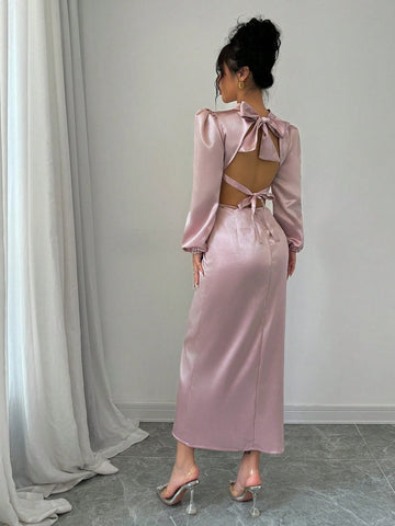 Women's Elegant Stand Collar Backless Bow Floral Hollow-Out Lantern Sleeve Dress