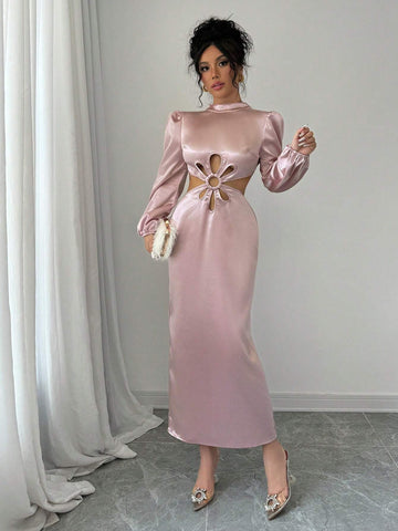 Women's Elegant Stand Collar Backless Bow Floral Hollow-Out Lantern Sleeve Dress