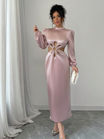 Women's Elegant Stand Collar Backless Bow Floral Hollow-Out Lantern Sleeve Dress