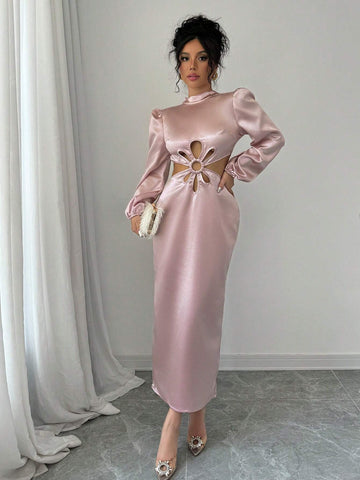 Women's Elegant Stand Collar Backless Bow Floral Hollow-Out Lantern Sleeve Dress