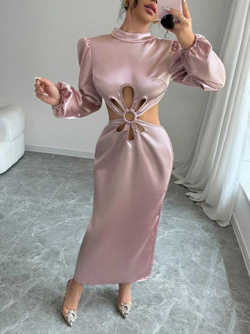 Women's Elegant Stand Collar Backless Bow Floral Hollow-Out Lantern Sleeve Dress