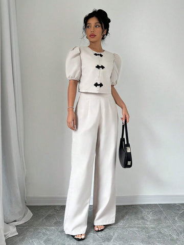 Women's Elegant Two-Piece Set: Round Neck Short Puff Sleeve Chinese Style Blouse And Pants, Summer