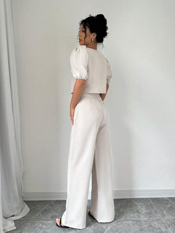 Women's Elegant Two-Piece Set: Round Neck Short Puff Sleeve Chinese Style Blouse And Pants, Summer