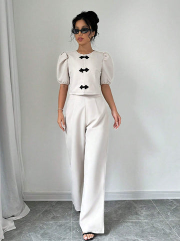 Women's Elegant Two-Piece Set: Round Neck Short Puff Sleeve Chinese Style Blouse And Pants, Summer