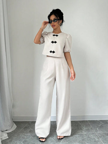 Women's Elegant Two-Piece Set: Round Neck Short Puff Sleeve Chinese Style Blouse And Pants, Summer