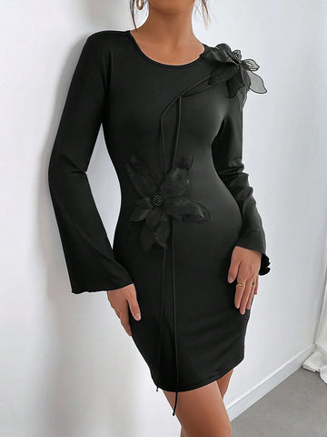 Women's Elegant Unique 3D Floral Long Sleeve Round Neck Dress, Spring/Autumn