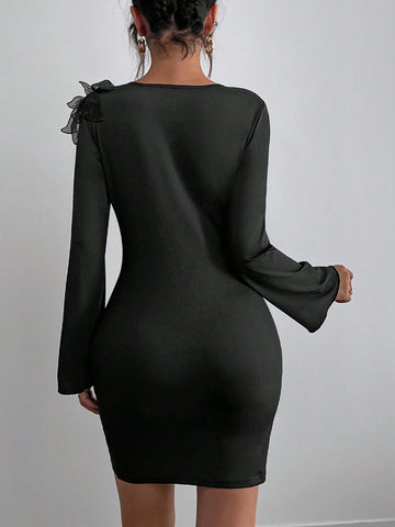 Women's Elegant Unique 3D Floral Long Sleeve Round Neck Dress, Spring/Autumn