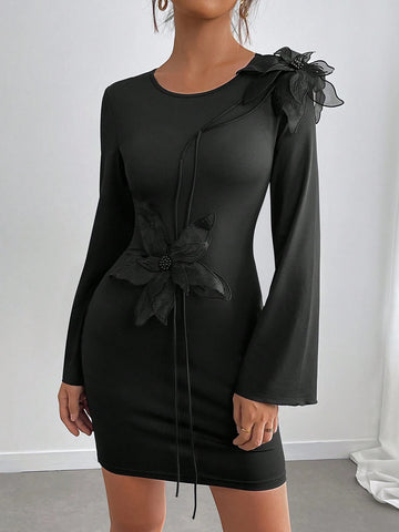 Women's Elegant Unique 3D Floral Long Sleeve Round Neck Dress, Spring/Autumn