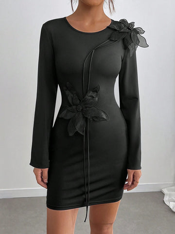 Women's Elegant Unique 3D Floral Long Sleeve Round Neck Dress, Spring/Autumn