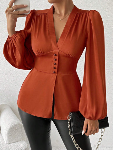 Privé Women's Elegant V-Neck Lantern Sleeve Cinched Waist Long Sleeve Blouse, Autumn