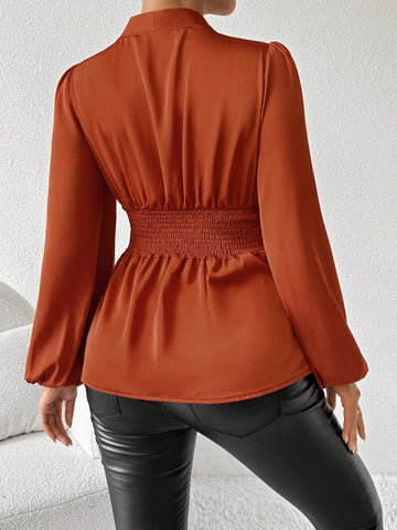 Privé Women's Elegant V-Neck Lantern Sleeve Cinched Waist Long Sleeve Blouse, Autumn