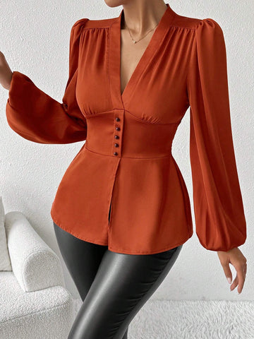 Privé Women's Elegant V-Neck Lantern Sleeve Cinched Waist Long Sleeve Blouse, Autumn