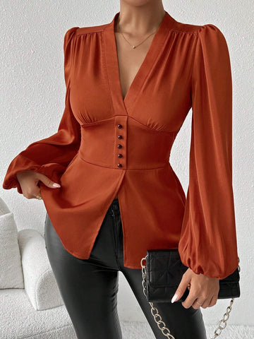 Privé Women's Elegant V-Neck Lantern Sleeve Cinched Waist Long Sleeve Blouse, Autumn
