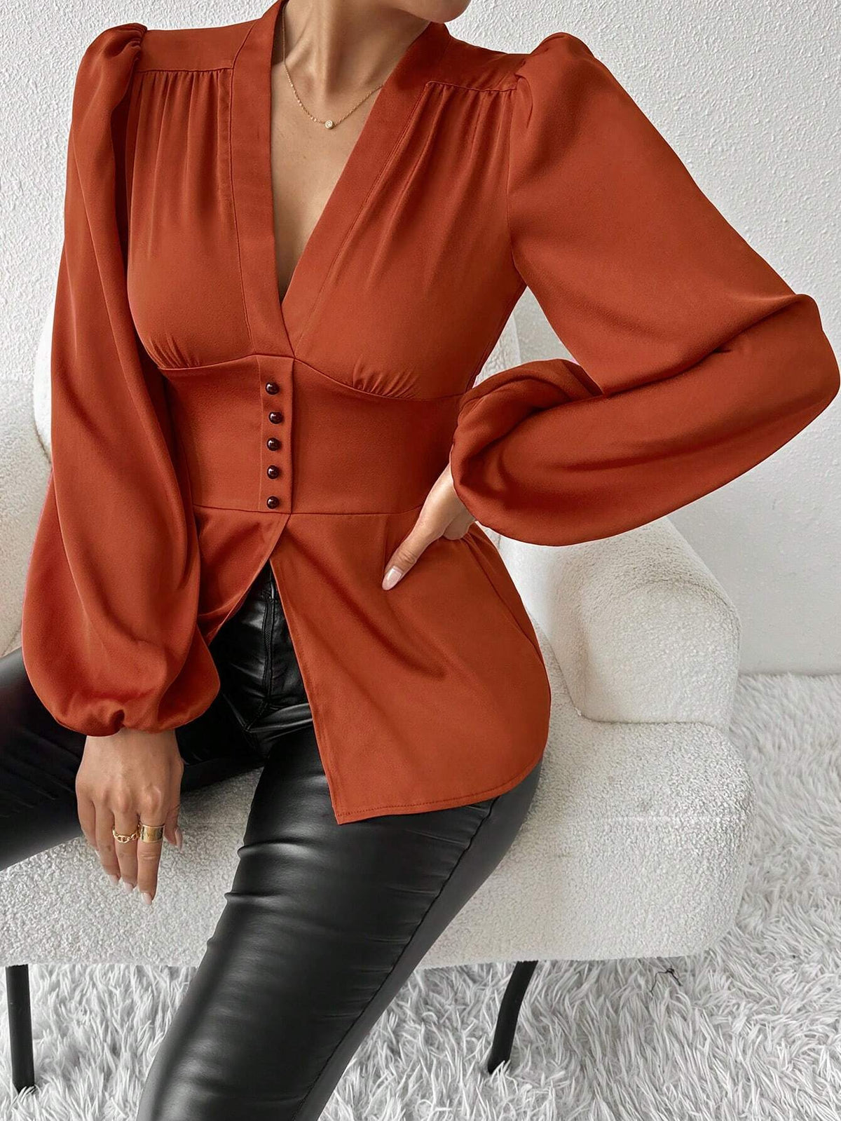 Privé Women's Elegant V-Neck Lantern Sleeve Cinched Waist Long Sleeve Blouse, Autumn