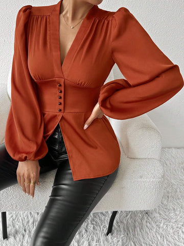 Privé Women's Elegant V-Neck Lantern Sleeve Cinched Waist Long Sleeve Blouse, Autumn