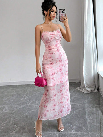Women's Elegant Vacation Romantic Sexy Floral Print Mesh Lace Trim Camisole Midi Bodycon Dres