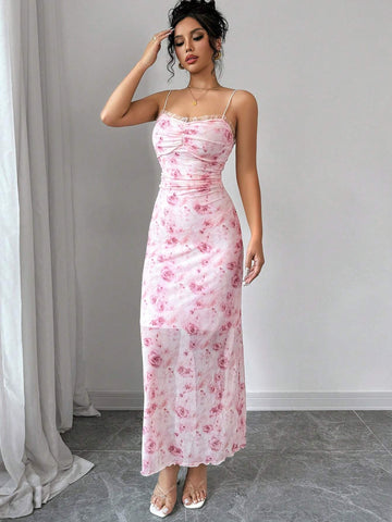 Women's Elegant Vacation Romantic Sexy Floral Print Mesh Lace Trim Camisole Midi Bodycon Dres