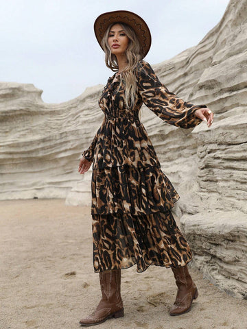 Women's Elegant Vintage Chiffon Random Leopard Print Shirred Ruffle Waist-Cinching Puff Sleeve