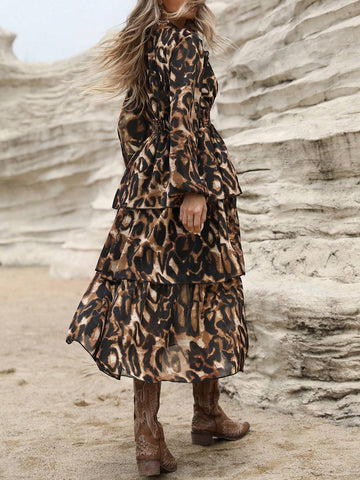 Women's Elegant Vintage Chiffon Random Leopard Print Shirred Ruffle Waist-Cinching Puff Sleeve