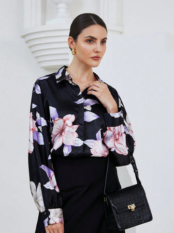 Privé Women's Fall Random Floral Print Button Down Loose Fit Long Sleeve Satin Shirt