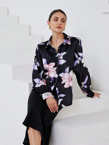 Privé Women's Fall Random Floral Print Button Down Loose Fit Long Sleeve Satin Shirt