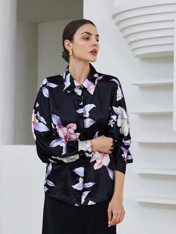 Privé Women's Fall Random Floral Print Button Down Loose Fit Long Sleeve Satin Shirt