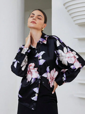 Privé Women's Fall Random Floral Print Button Down Loose Fit Long Sleeve Satin Shirt