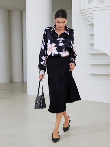 Privé Women's Fall Random Floral Print Button Down Loose Fit Long Sleeve Satin Shirt