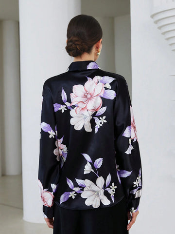 Privé Women's Fall Random Floral Print Button Down Loose Fit Long Sleeve Satin Shirt