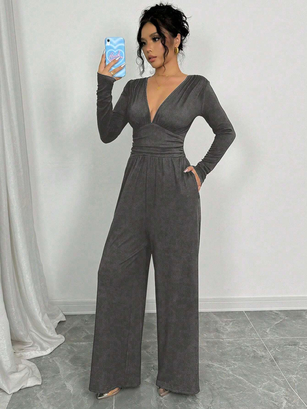 Women's Fashion Black Jumpsuit, Shoulder Length Sleeves, Ribbed Texture, Pleated Panels, Wide Leg Pants, Suitable For Autumn
