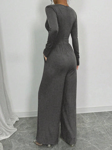 Women's Fashion Black Jumpsuit, Shoulder Length Sleeves, Ribbed Texture, Pleated Panels, Wide Leg Pants, Suitable For Autumn