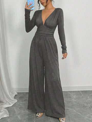 Women's Fashion Black Jumpsuit, Shoulder Length Sleeves, Ribbed Texture, Pleated Panels, Wide Leg Pants, Suitable For Autumn
