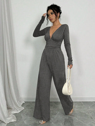 Women's Fashion Black Jumpsuit, Shoulder Length Sleeves, Ribbed Texture, Pleated Panels, Wide Leg Pants, Suitable For Autumn