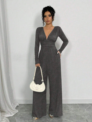 Women's Fashion Black Jumpsuit, Shoulder Length Sleeves, Ribbed Texture, Pleated Panels, Wide Leg Pants, Suitable For Autumn