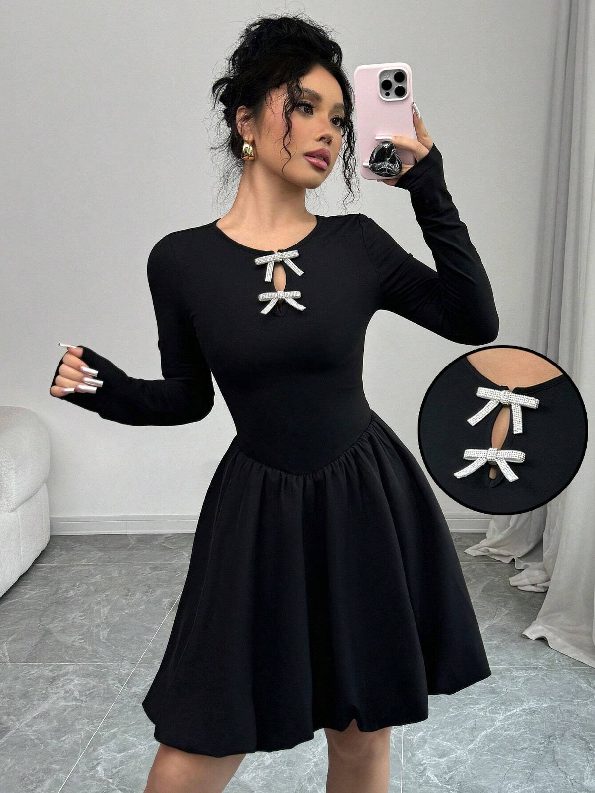 Women's Fashion Elegant Cinched Waist Bow Decor Peplum Dress