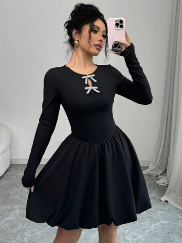 Women's Fashion Elegant Cinched Waist Bow Decor Peplum Dress